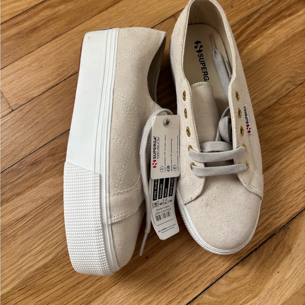 Superga Cream Suede Platform Lace-Up Sneakers